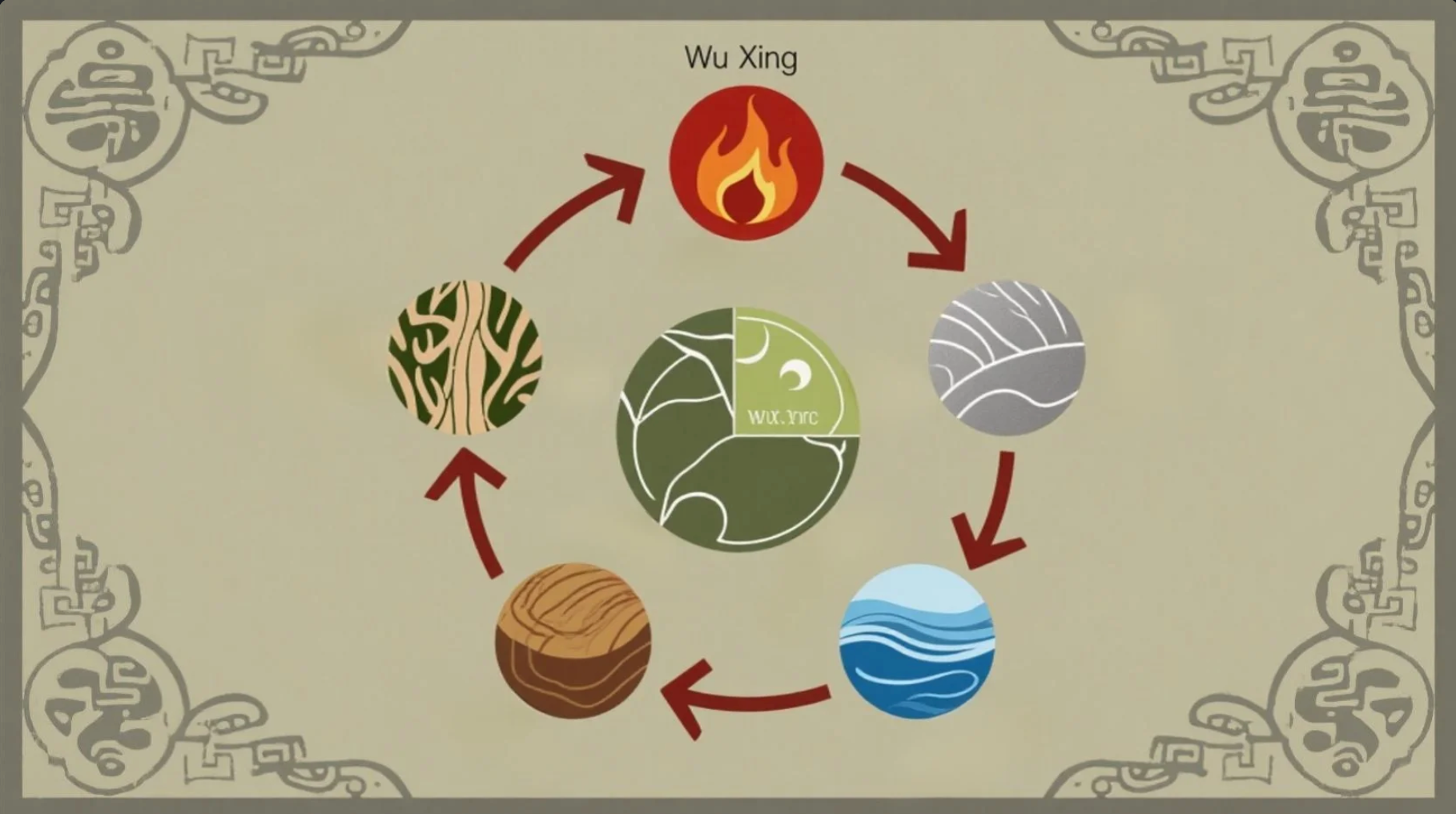 五行相生相克图，展示中国占星中五行循环关系