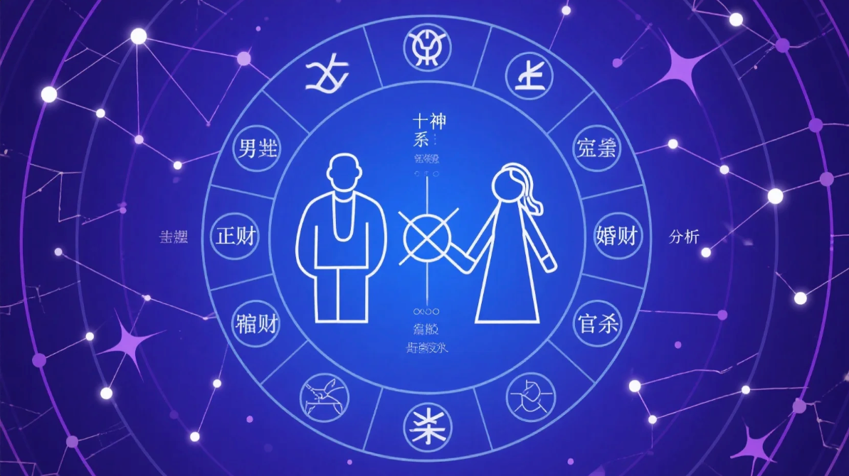 十神图解（正财、偏财、正官、七杀等）标注在八字旁边