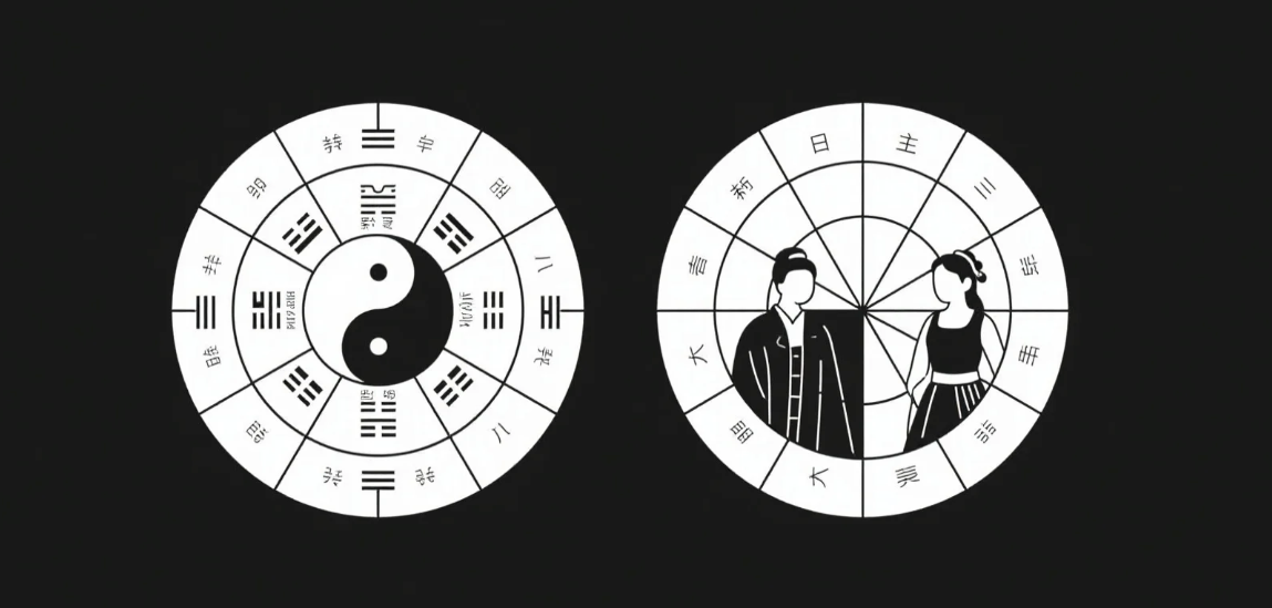男女八字命盘图示（四柱排列），旁边显示日主、命局格局说明