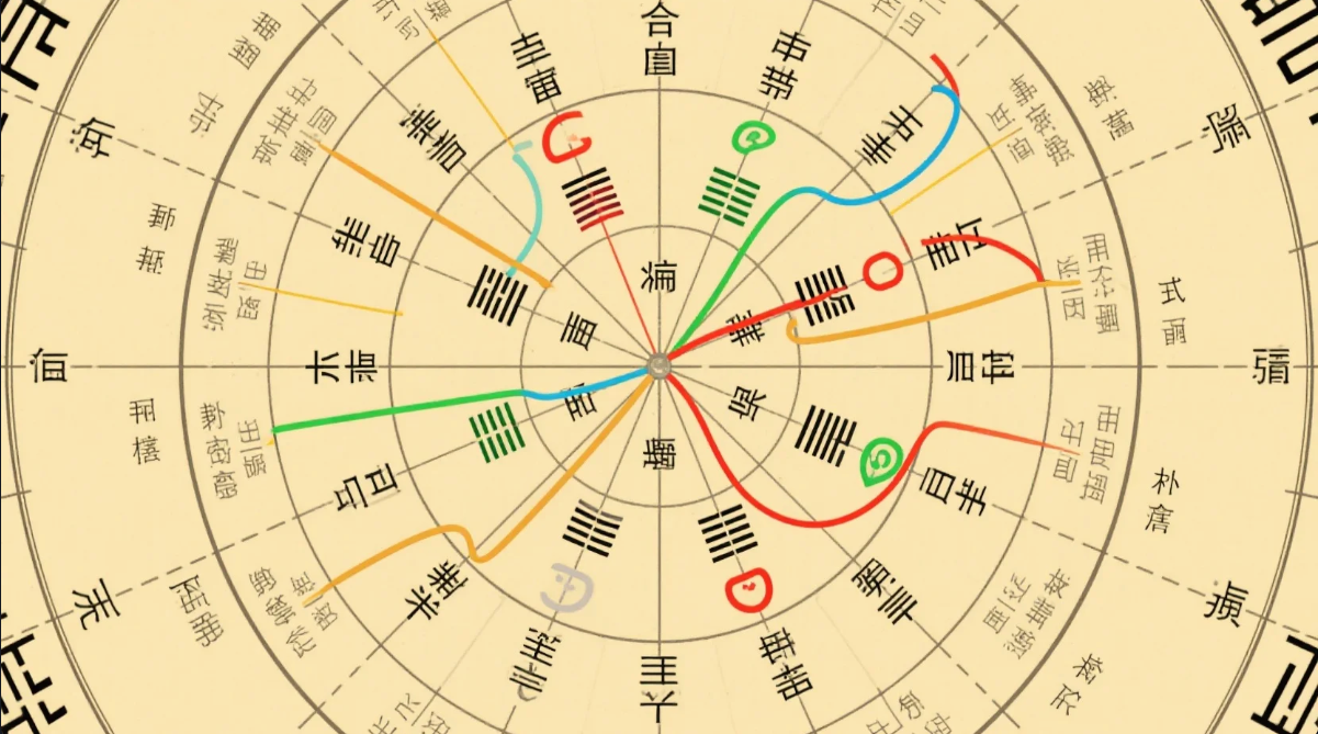 天干地支之间的关系图，标出相冲、相害、三合、六合等连接线