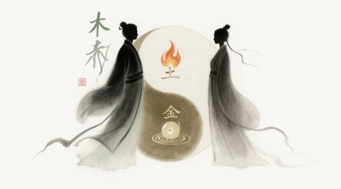 五行图标（木火土金水）环绕两人剪影，色彩有互补与冲克表现